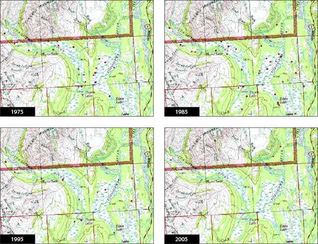 composite of four maps showing increasing numbers of data points