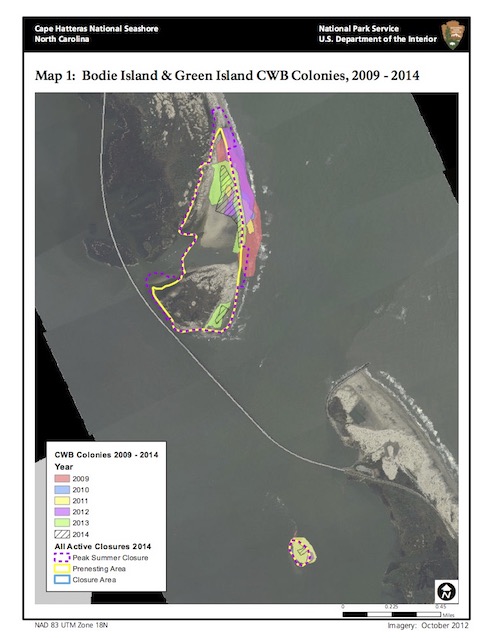 Map 1: Bodie Island & Green Island CWB Colonies, 2009 - 2014