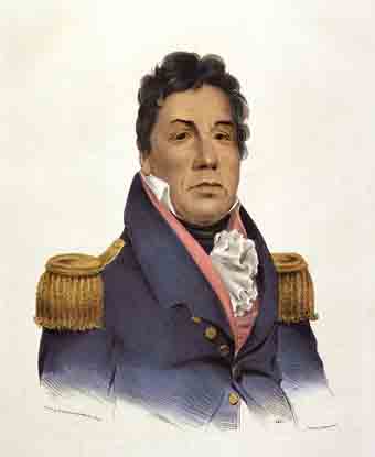 Portrait of Pushmataha: man in blue officer's coat with gold epaulets