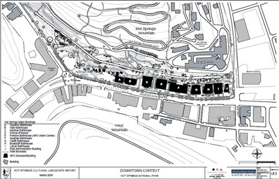 A site plan shows major and contextual buildings, roads, walkways, vegetation, and topography.  
