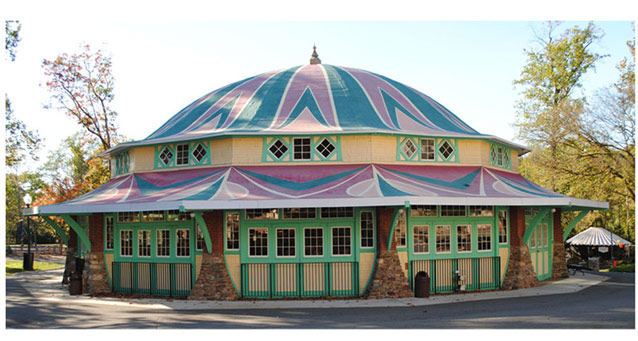 The domed Carousel House is painted in bright colors and was restored to match historic styles.