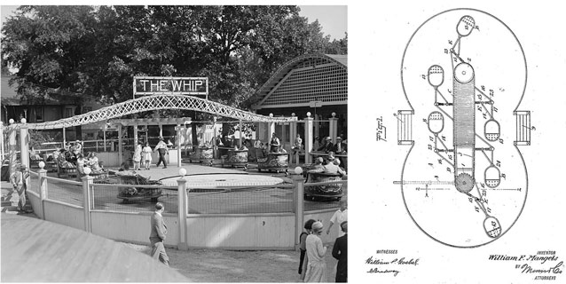 A 1928 photo of The Whip next to a schematic design of the ride operations.