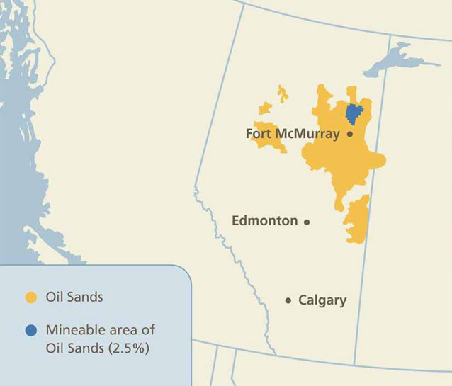 map of western canada with area in alberta colored to indicate oil sands