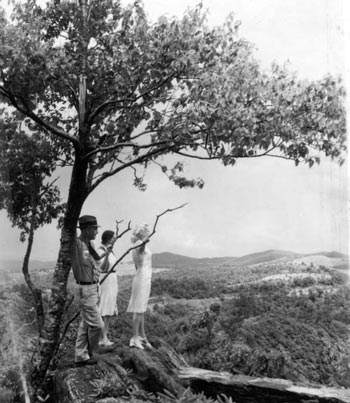 Two women in white dresses and a man in a hat stand beside a tree at the overlook in 1940.