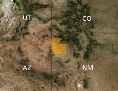 Map of Colorado and New Mexico counties where Mancos milkvetch occurs.