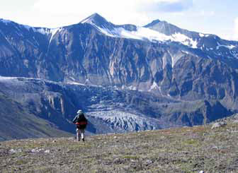 person hiking in a mountainous landscape