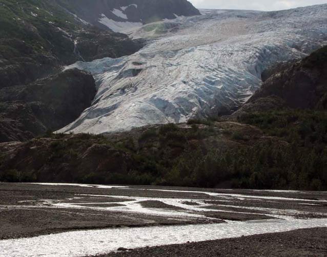 a huge glacier leading to a narrow, braided river