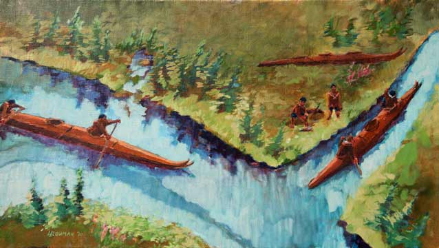a painting of kayaks on a river