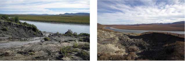 two images of the same area of slumped, muddy land near a river