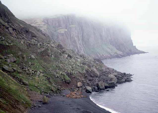 a rocky slope partially slumping into the ocean
