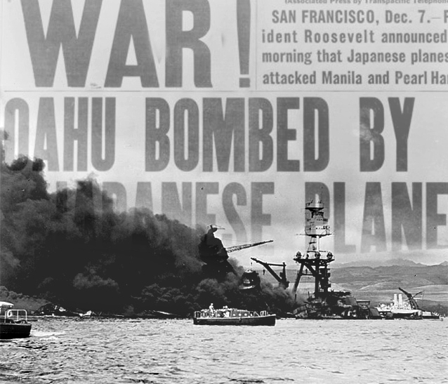 USS Arizona, at height of fire, following Japanese aerial attack on Pearl Harbor, Hawaii.