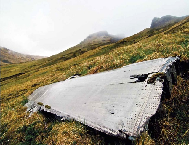 Metal airplane wing on a grassy hillside