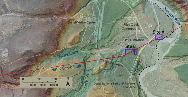 Map that shows that the Hines Creek Fault crosses through the Denali entrance area