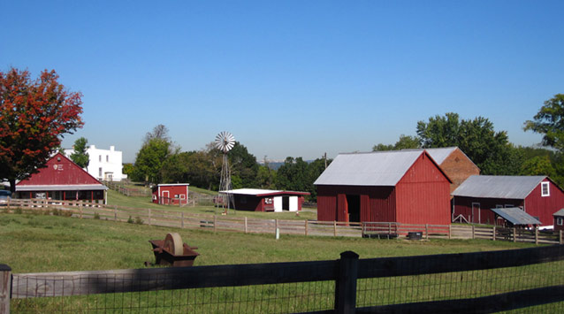 Red leaves of a tree accent bright red farm buildings, clustered with fencing and a windmill.