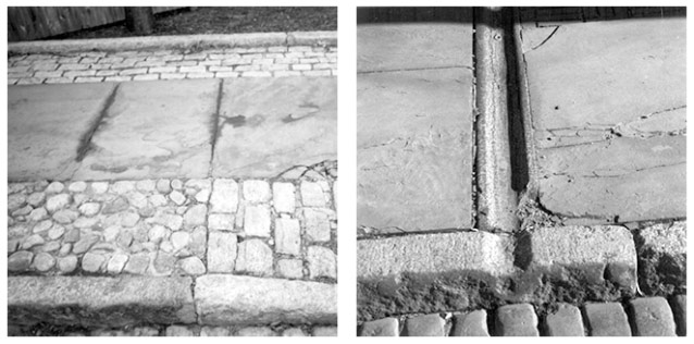 Two photos display the building materials that give the walkways and roads historic character.