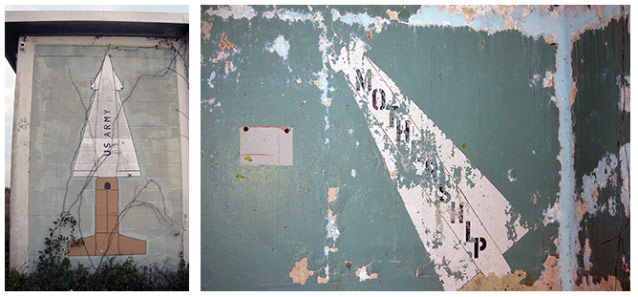 Two murals in muted colors are beginning to deteriorate.