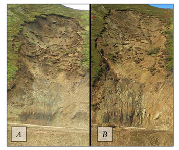 a comparison of the slide from June to August that shows additional material slid