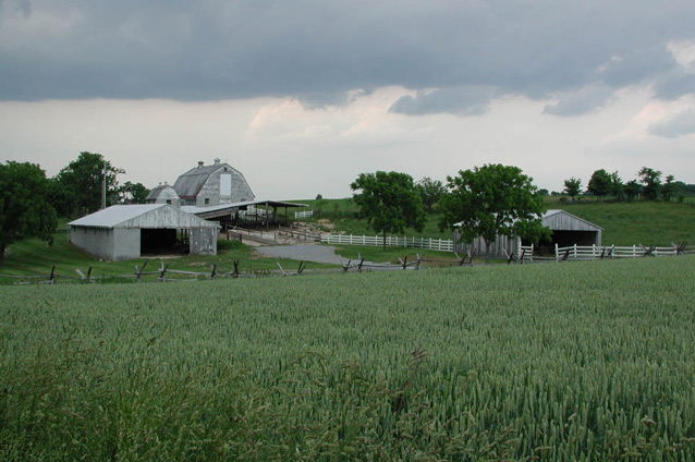 A barn and other farm buildings stand beyond an agricultural field, under a cloudy sky.