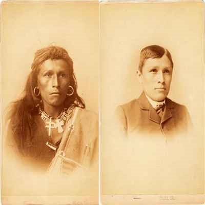 Two photos in one showing the transition of a Native American man turning into an ideal American. 