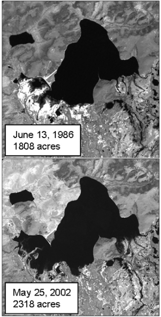 Satellite images of two lakes showing increase in surface area