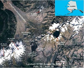 satellite images of calderas and snow-capped volcanoes