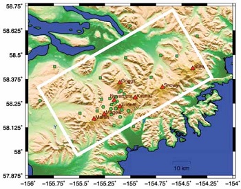 map of seismic stations in Katmai area, marked by green dots