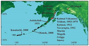 map of Alaska showing major volcanoes