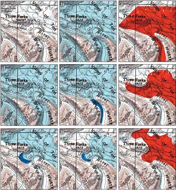 nine square topographic maps of the Windy Creek area over time