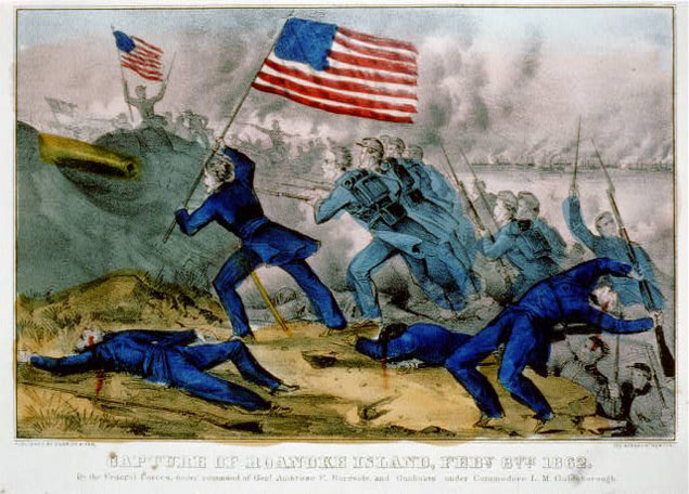 Contemporary depiction of Union charge at Roanoke Island, February 1862.