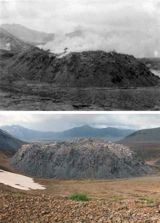 two photos comparing a rocky valley with little to no vegetation