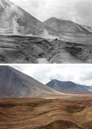 a historic and current photo comparing a rocky valley with mountains in the background