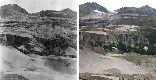 two photos comparing a wall of a canyon over time