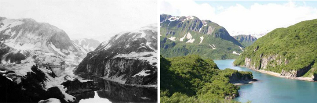 two photos comparing a mountainous bay with and without volcanic ash