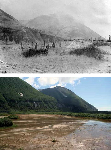 two photos comparing a village and cemetery in a valley that no longer exists