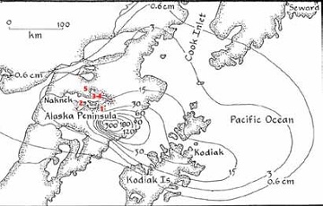 map of Katmai showing location of forest study sites with red numbers