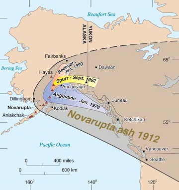 Alaska map showing the range of ash from large volcanic eruptions