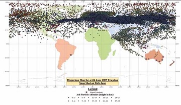 world map shows ash cloud dispersal throughout globe after eruption