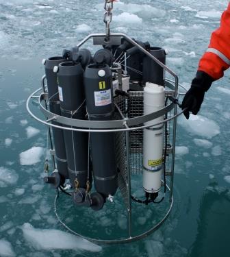 instrument that measures conductivity, temperature, and depth, is lowered into the ocean