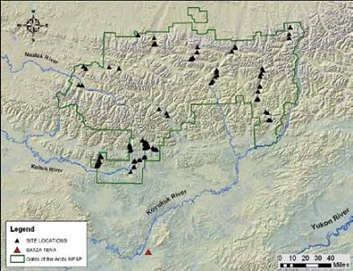 map of Gates of the Arctic with archaeological sites marked by black triangles