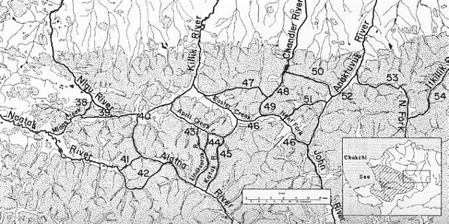 black and white map of Gates of the Arctic showing routes with black lines and numbers