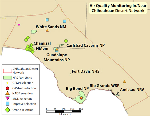Map of NPS air quality monitoring stations and Chihuahuan Desert Network national parks