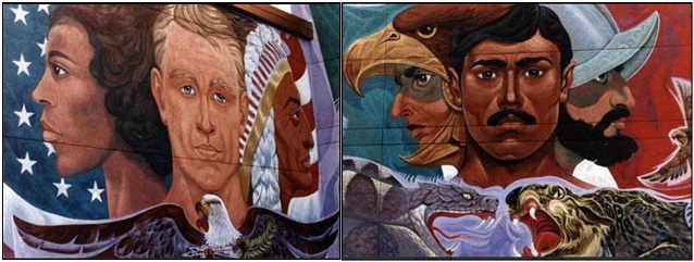 Two sections of a mural depicting cultural diversity of the United States and Mexico