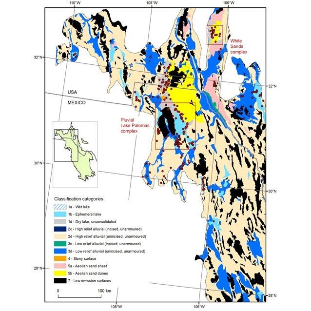 Geomorphic map of the Chihuahuan Desert with dust sources shown as red points