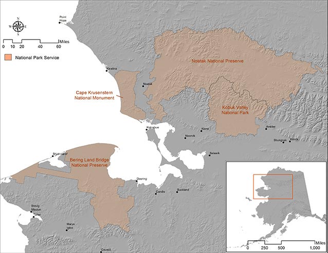 a map of northwest alaska showing numerous large areas of national parkland