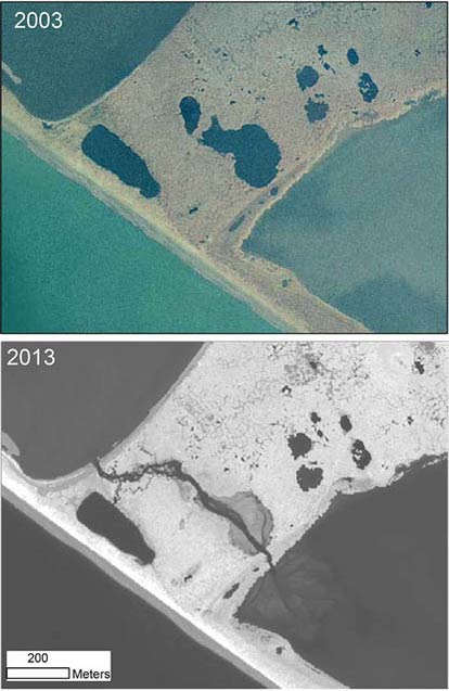 comparative satellite photos of a bay showing seawater encroaching into a lagoon