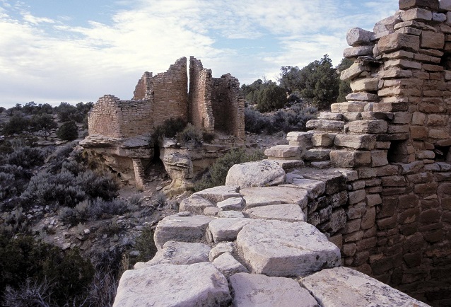 Stone wall leading to Pueblo ruins