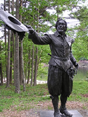 Bronze statue of Pierre Dugua along the interpretive trail