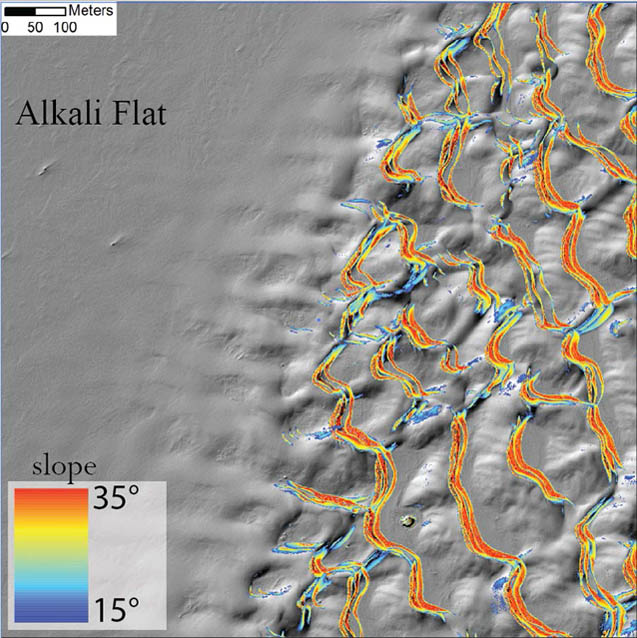 LiDAR-derived digital elevation model showing the transition from flat area to dune field