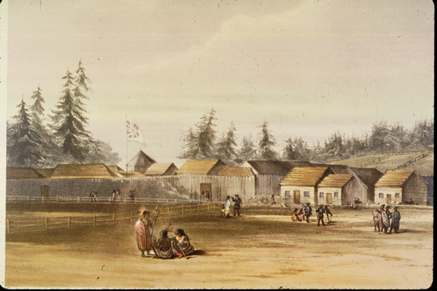 Lithograph showing Fort Vancouver with groups of people