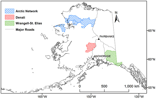 a map of alaska with national parks in blue, green and red